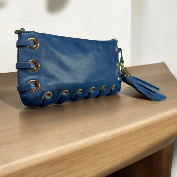 Michael Kors Blue Leather Tassel Grommet Clutch - Picture 2 of 7
